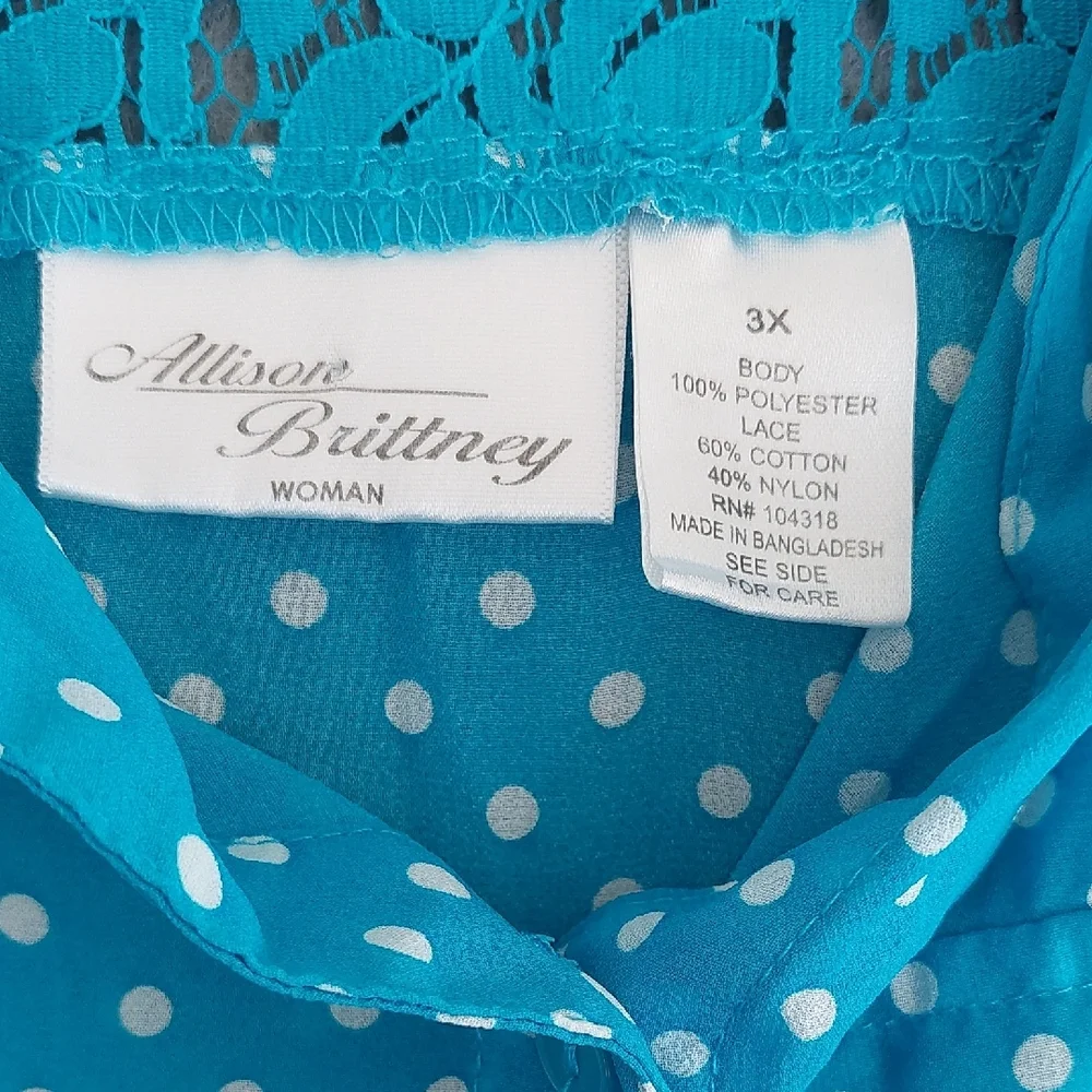 Allison Brittney Woman Turquoise Polka Dot Tie-Front Top 3X Lace Back - Picture 2 of 6